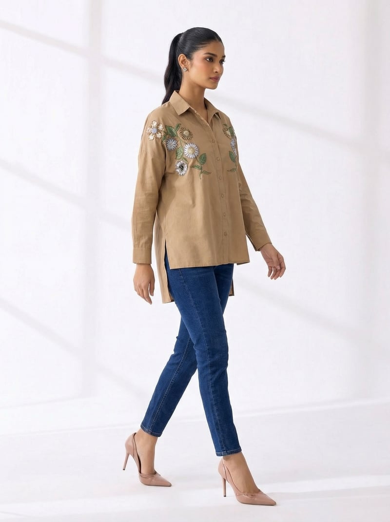 Brown Longline Embroidered Button-Down Shirt