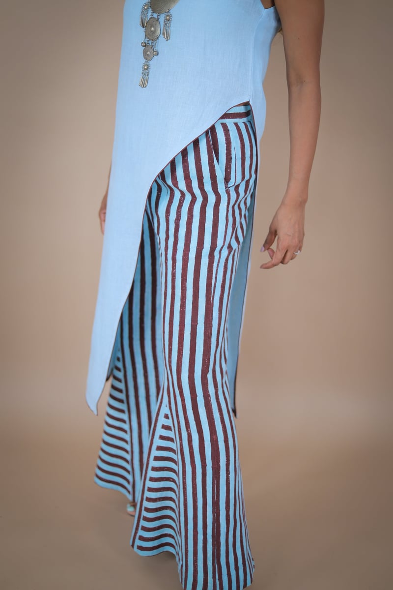 Blue and Brown Striped Flared Linen Trousers