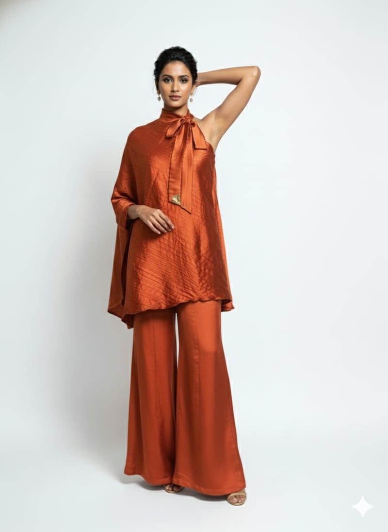 Purple One-Shoulder Cape Top and Wide-Leg Pant Co-ord Set