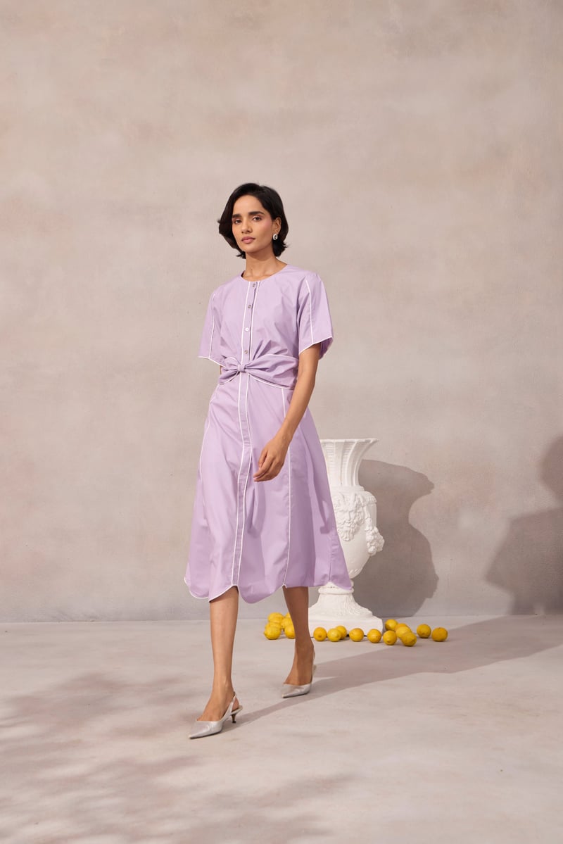 Sweet Lavender Fit and Flare Midi Dress with Piping