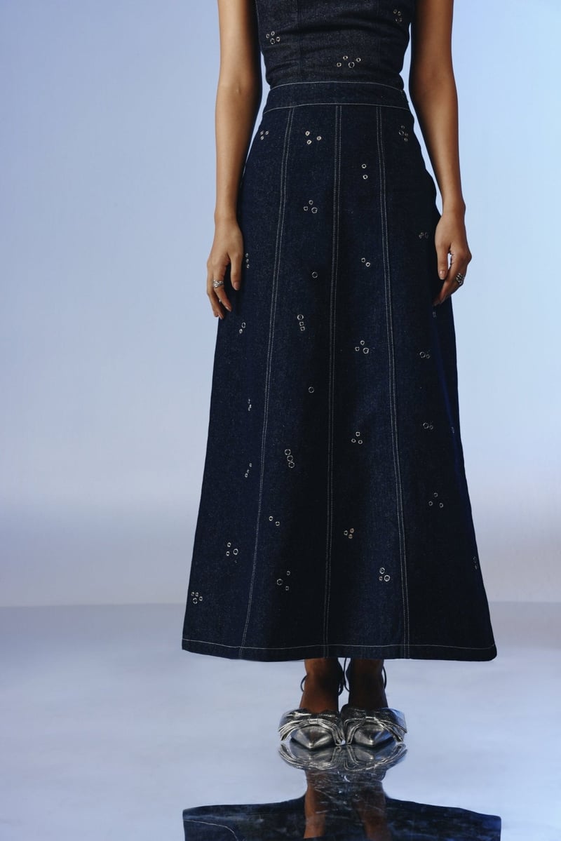 Deep Indigo Denim A-Line Maxi Skirt with Eyelet Details