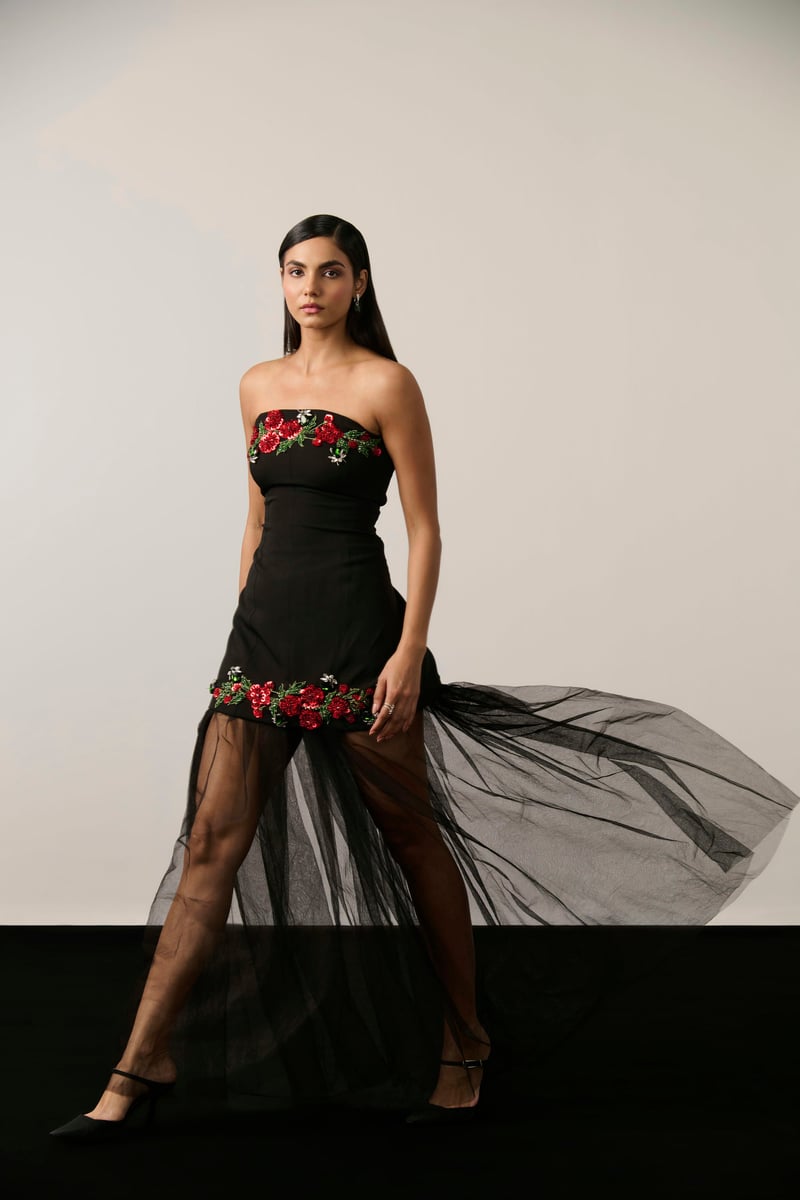 Black Strapless Embellished Mini Dress and Sheer Overskirt Set