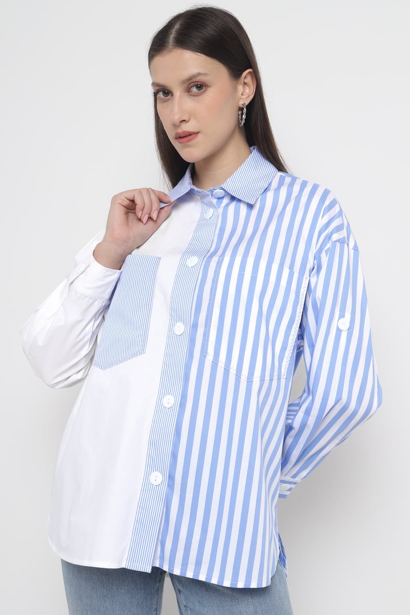 White and Light Blue Colorblocked Striped Button-Up Shirt