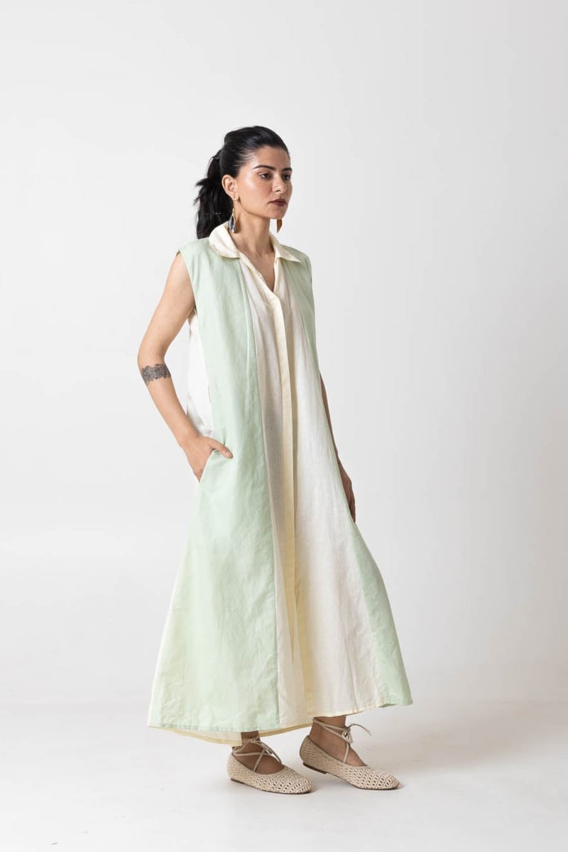 Mint and Off-White Colorblocked Maxi Shirt Dress