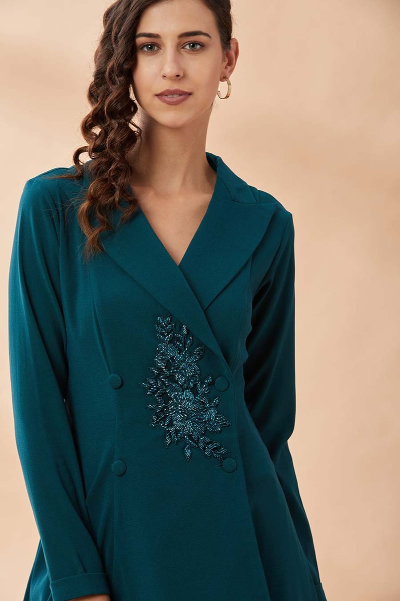 Green Crystal-Embellished Blazer Tunic and Pant Co-ord Set