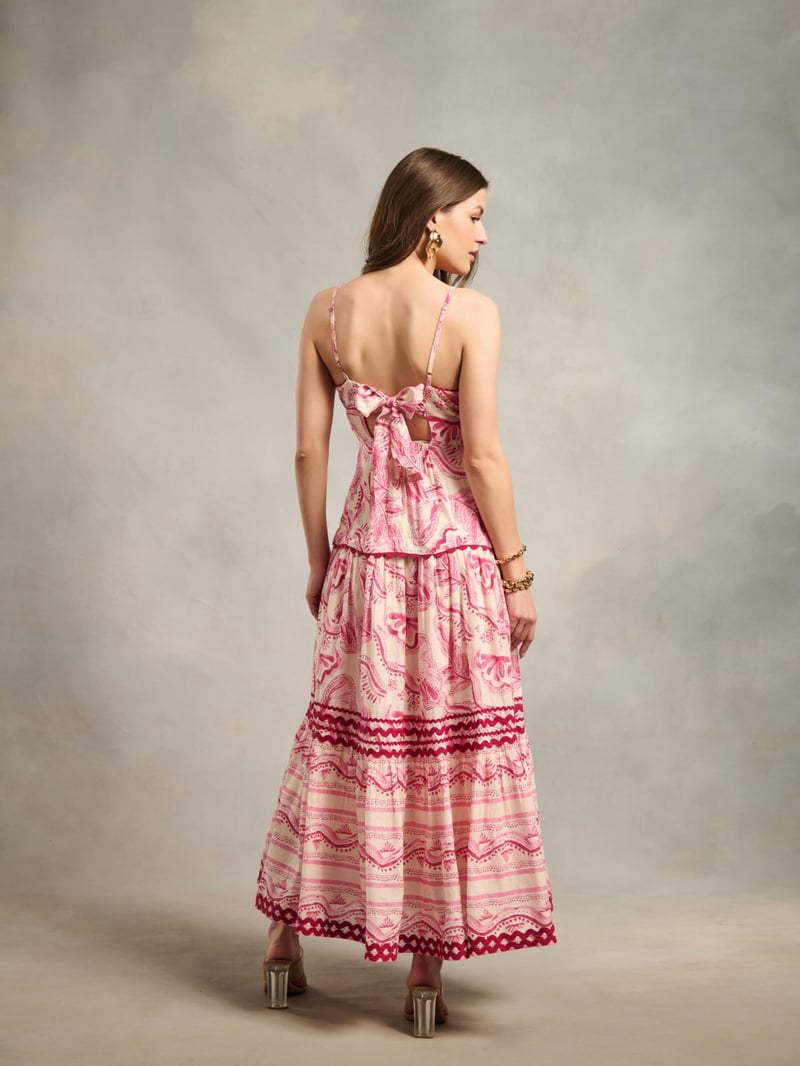 Pink Printed Halter Neck Tiered Maxi Dress