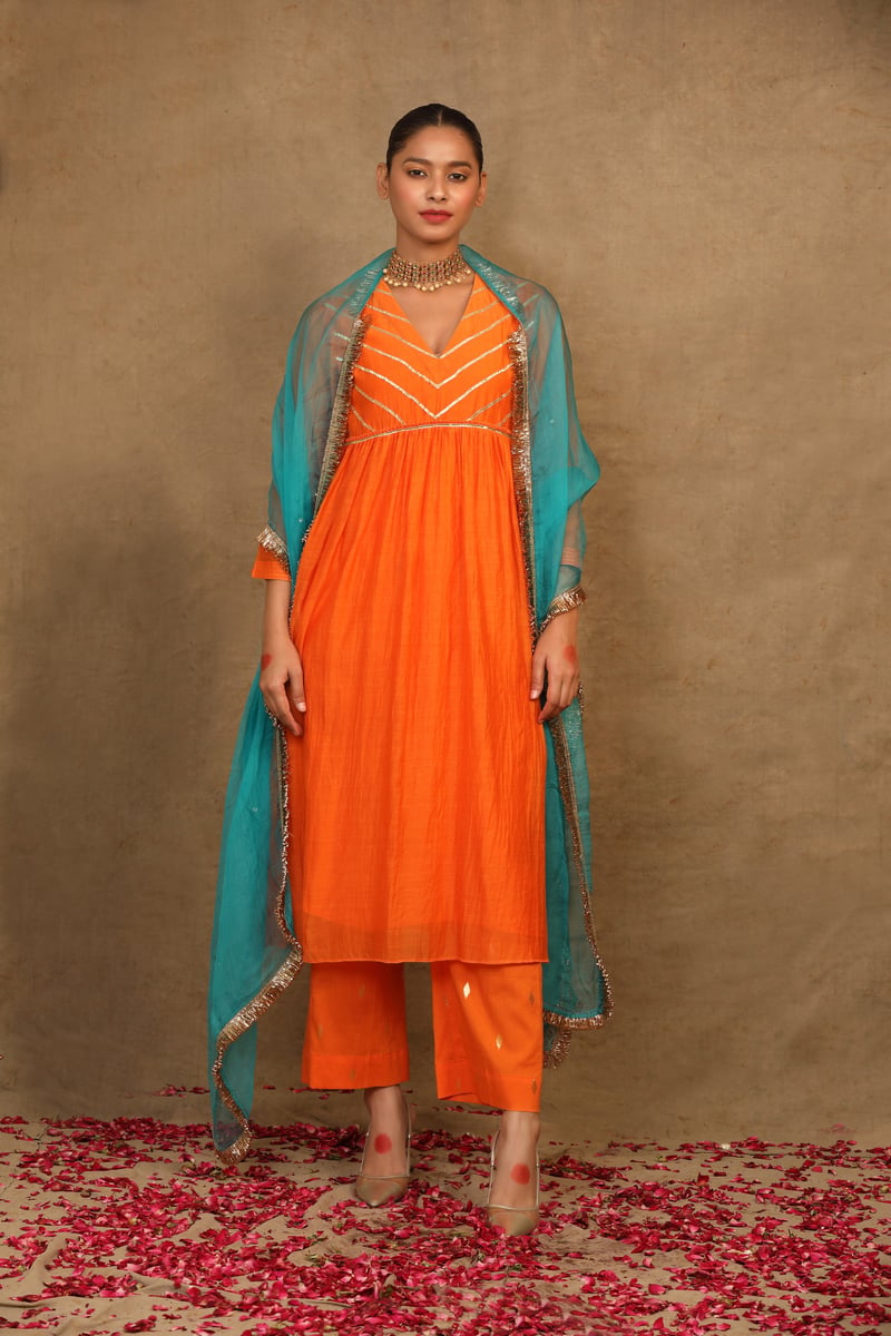 Orange Silk Chanderi Gota Work Kurta Set with Dupatta — Trendy Tokari