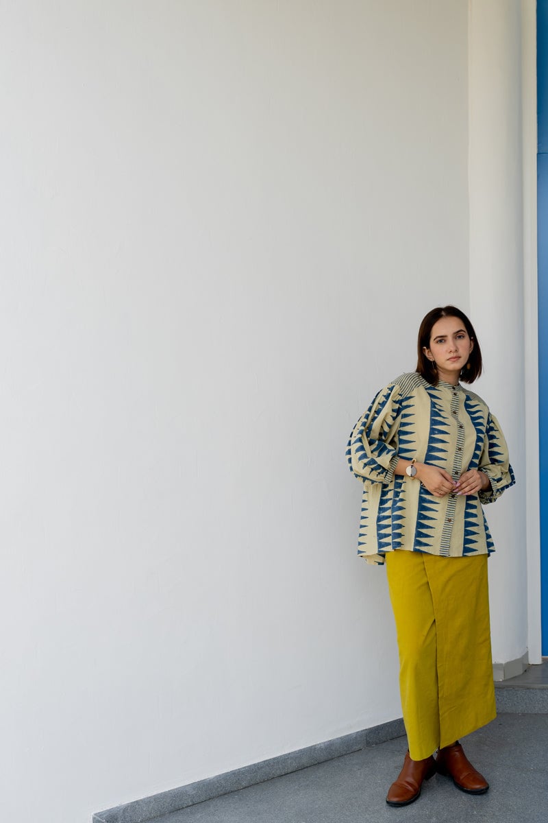 White and Indigo Block Print Cotton Button-Front Top