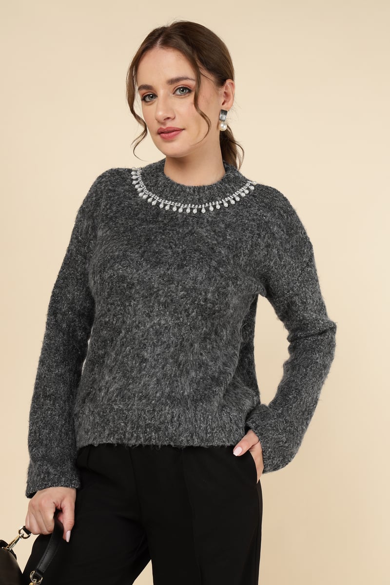 Grey Pearl-Embellished Neck Pullover Sweater