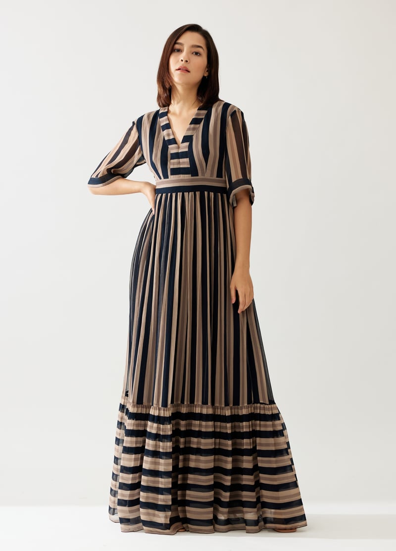 Dark Green And Beige Stripe Long Dress