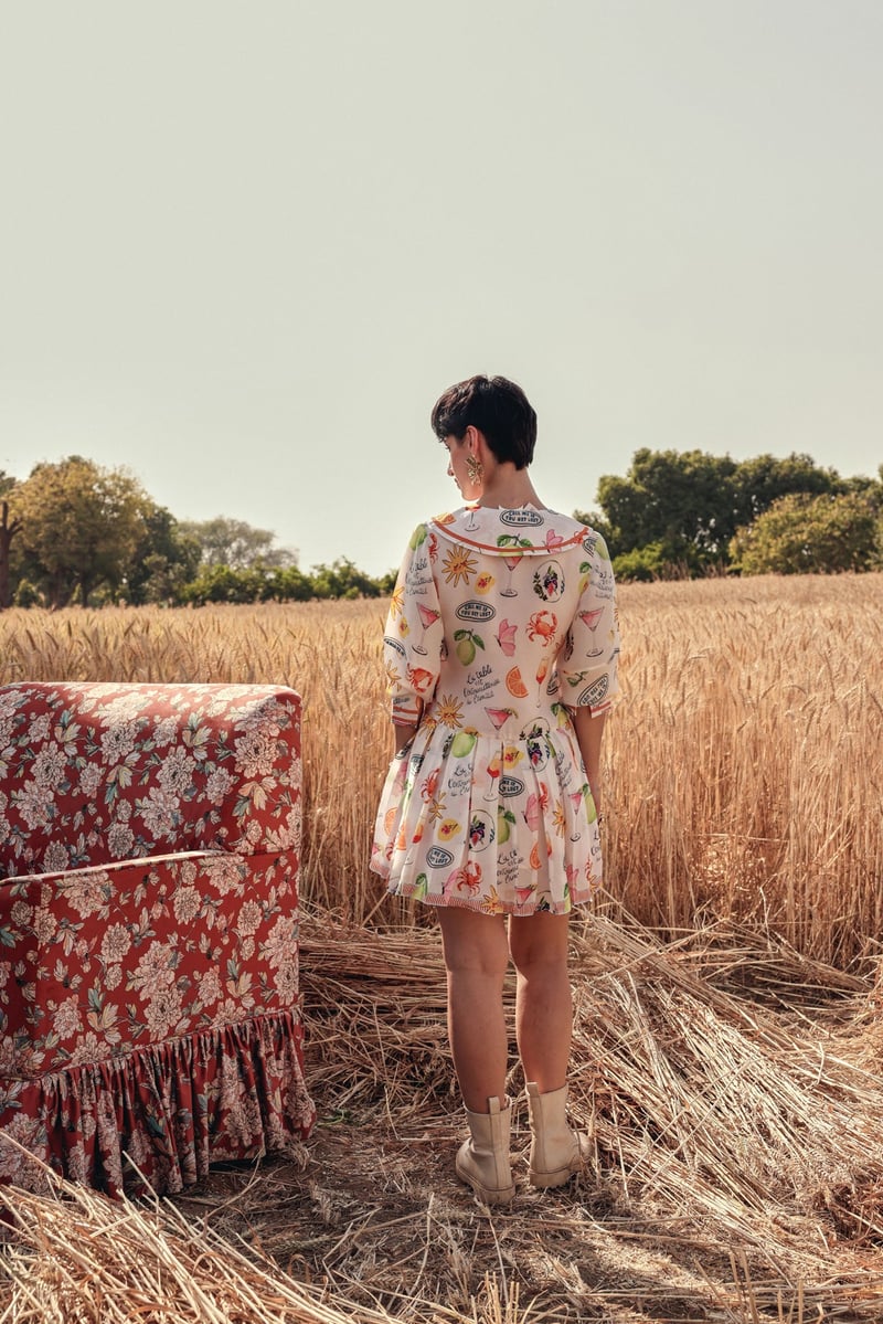 Blush Pink Printed Silk Mini Dress with Peter Pan Collar