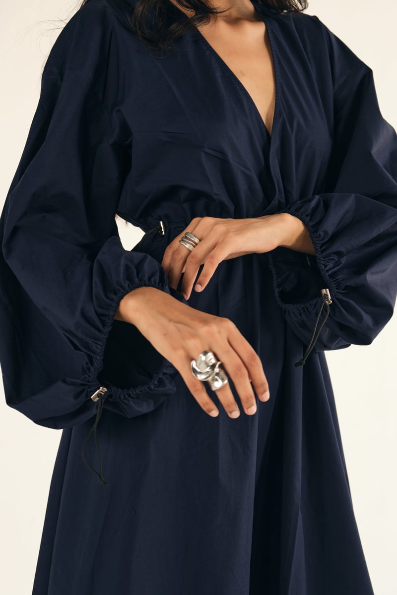 Navy Poplin Midi Dress with Cinched Waist and Balloon Sleeves
