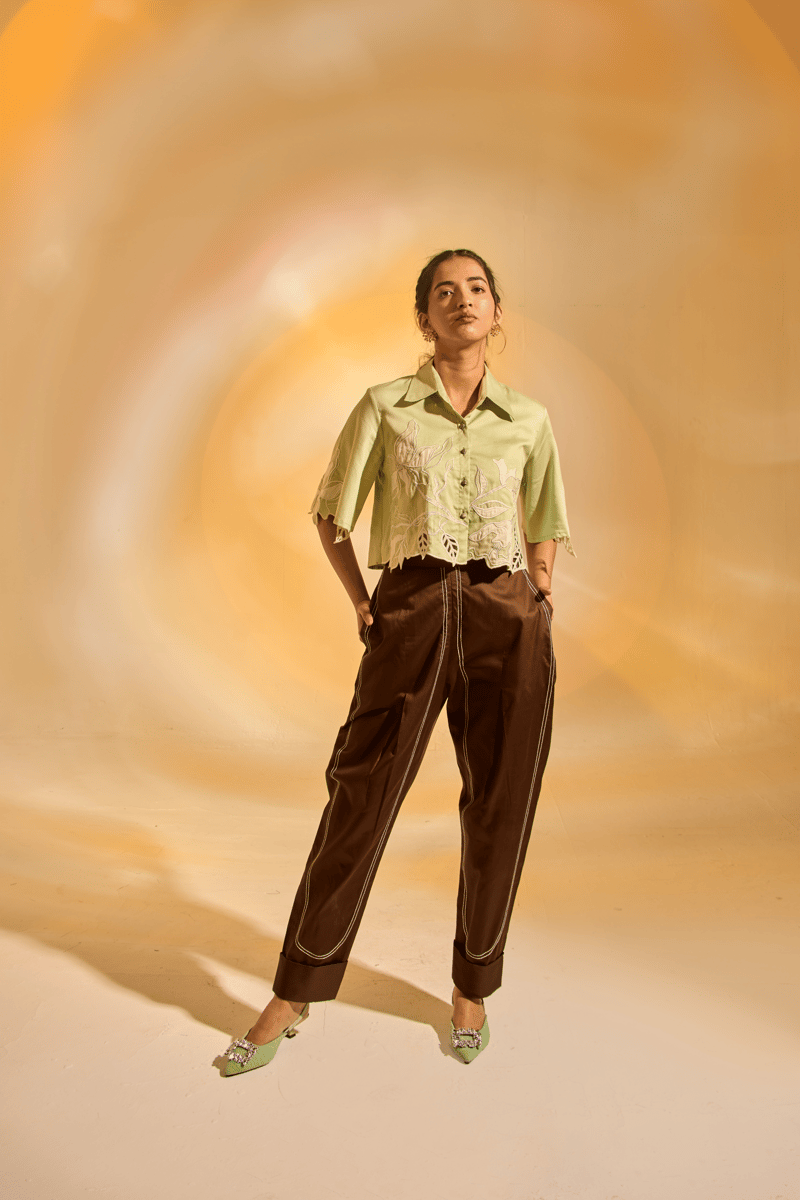 Green Cropped Cotton Satin Shirt with Embroidery and Cutwork