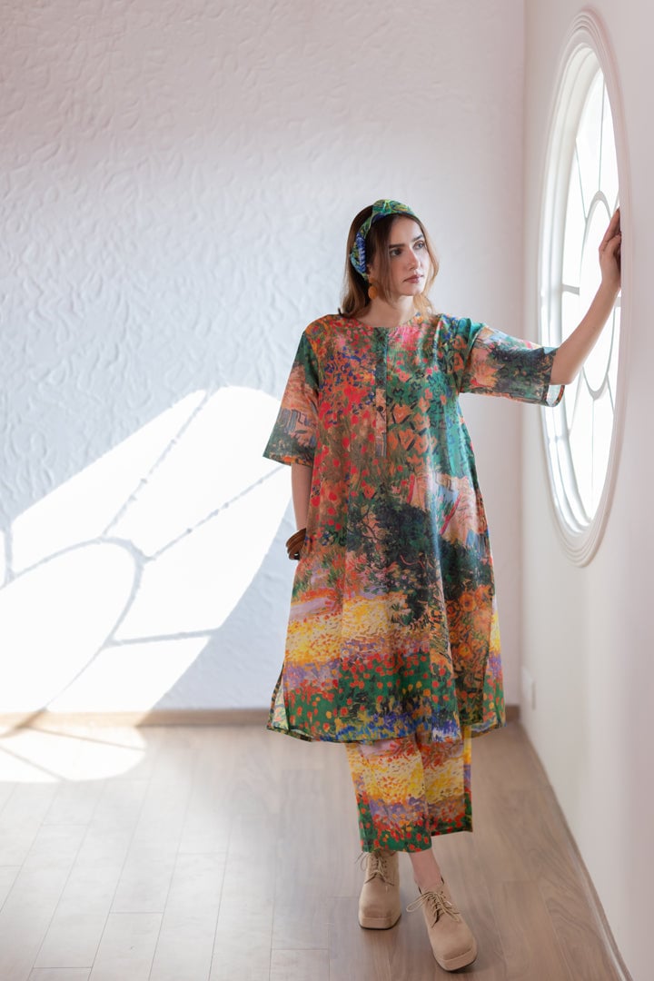 Multicolor Scenic Print Cotton Cambric Kurta Set