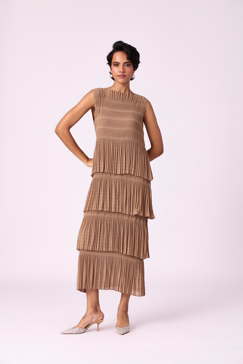Taupe Tiered Pleated Chiffon Maxi Dress
