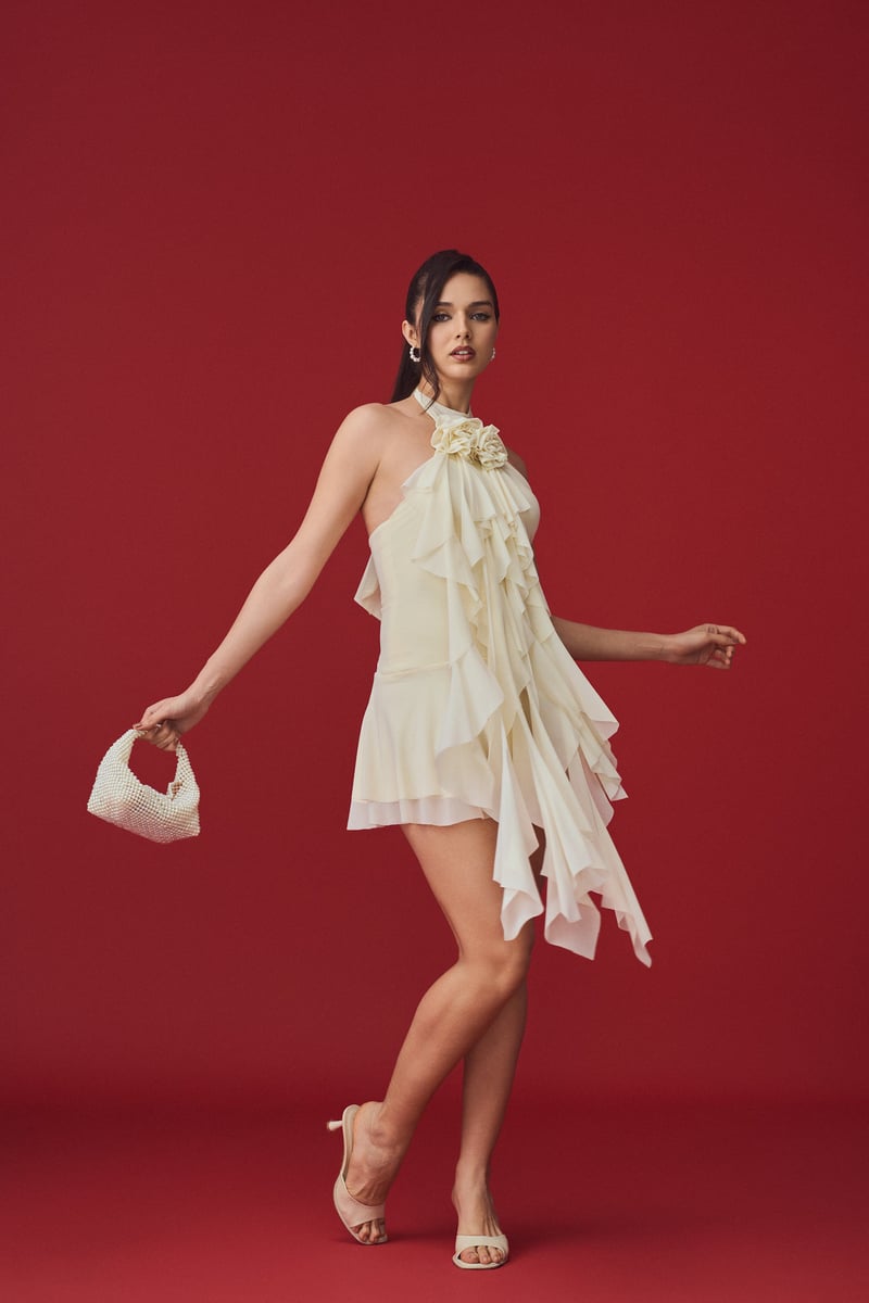 Ivory Halter Mini Dress with Cascading Ruffles