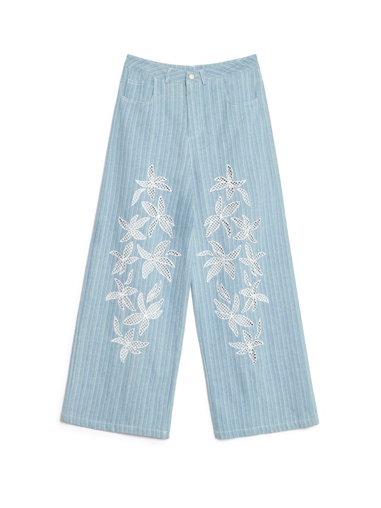 Washed Blue High-Waist Wide-Leg Cutwork Denim Jeans