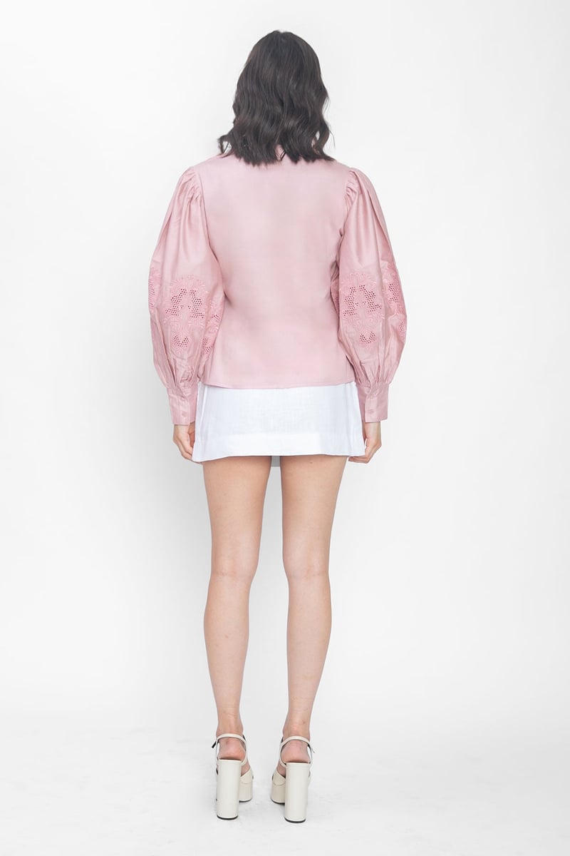 Dusty Pink Ruffle V-Neck Balloon Sleeve Top