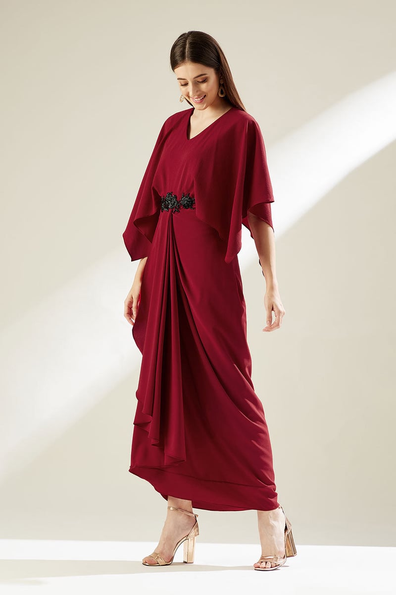 Red Draped Maxi Dress with Cape Sleeves