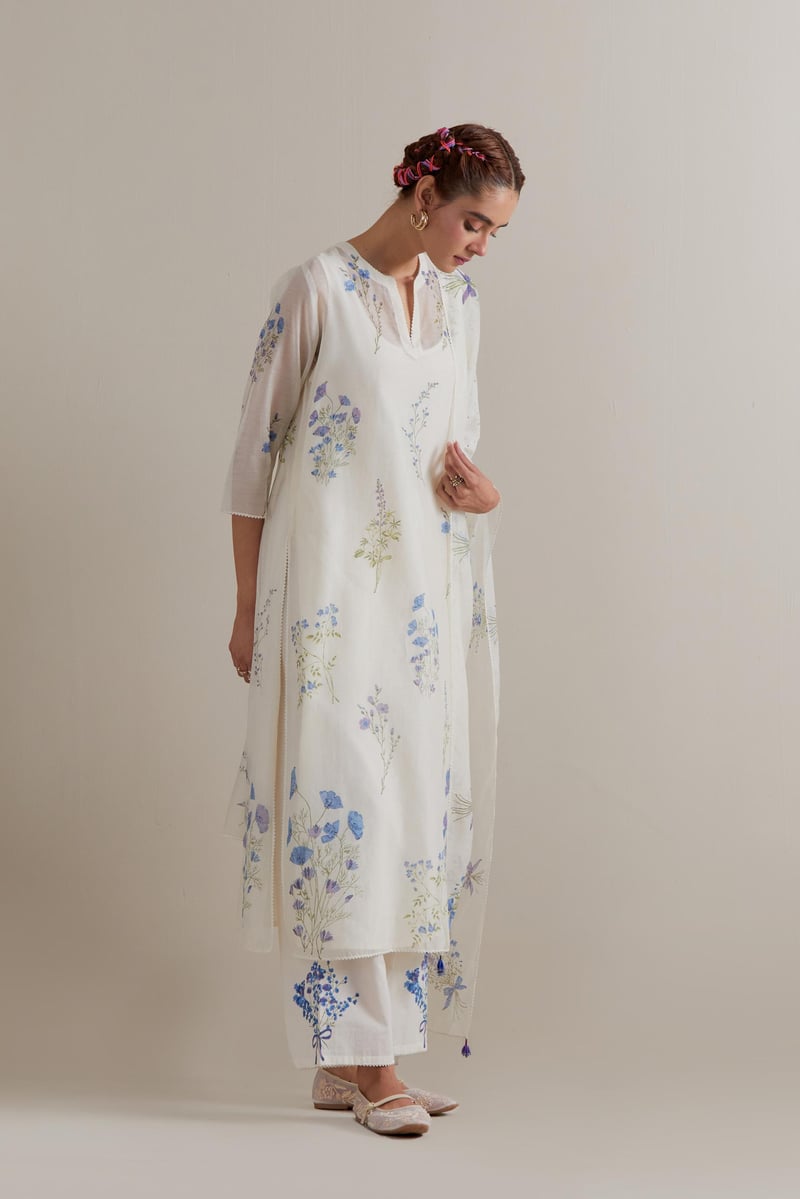 Off-White Floral Block Print Kurta Set with Dupatta