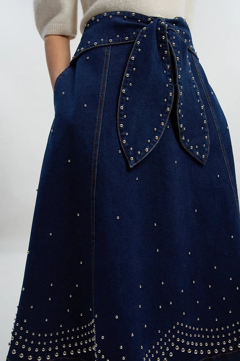 Dark Blue Studded A-Line Midi Skirt with Tie Waist