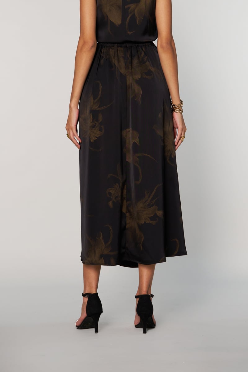 Black Satin Tonal Floral Print A-Line Midi Skirt