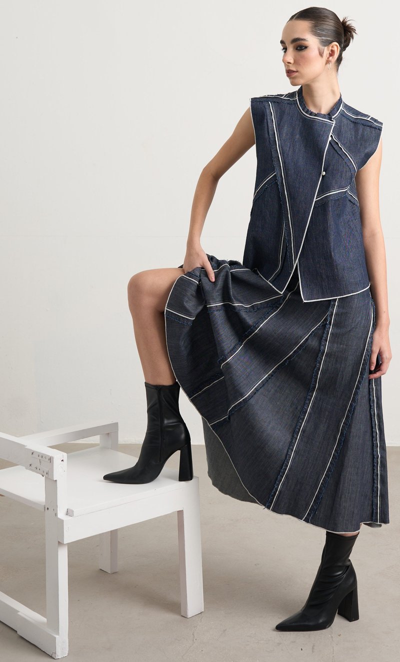 Blue Denim Panelled Maxi Skirt with Side Zip
