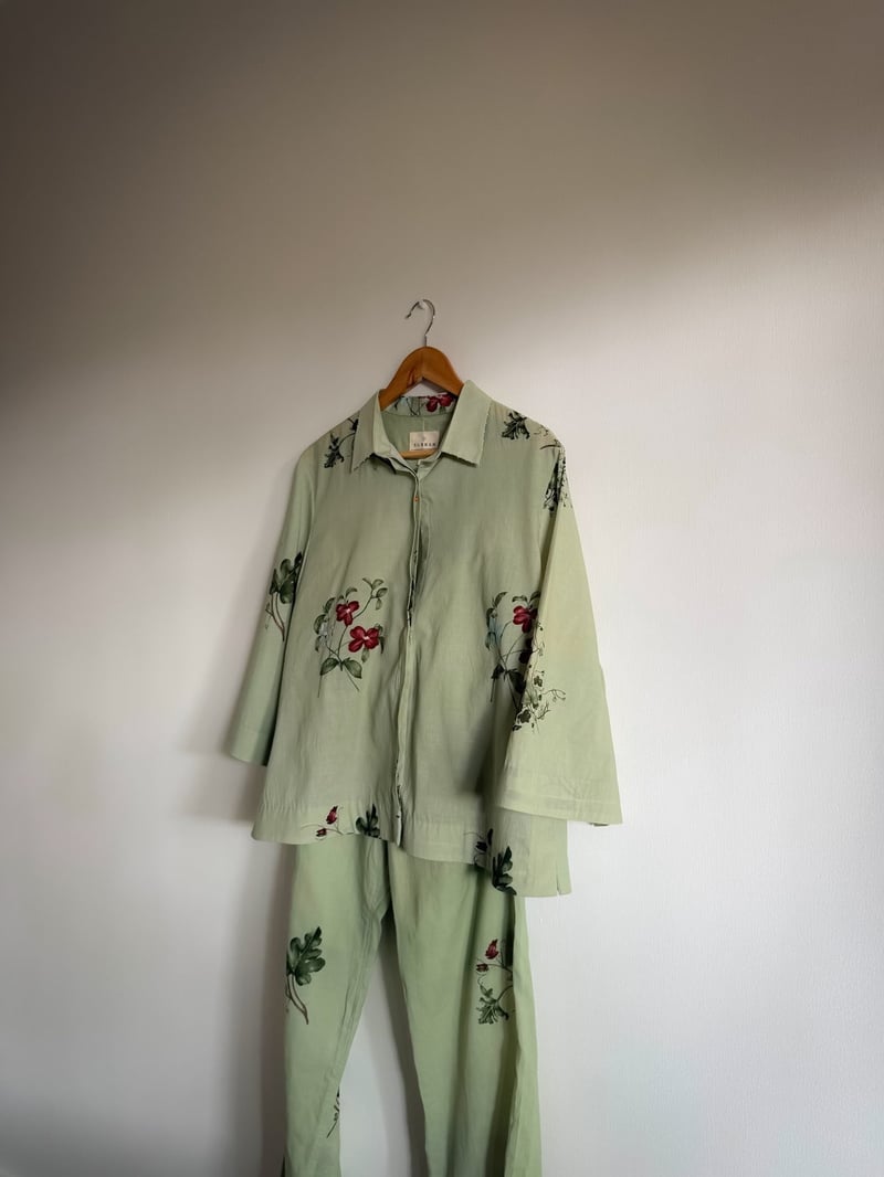 Light Green Floral Cotton Shirt and Pant Co-ord Set
