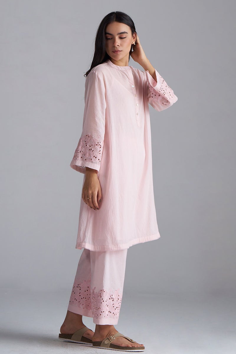 Crystal Pink Chikankari Kurta and Pants Co-ord Set