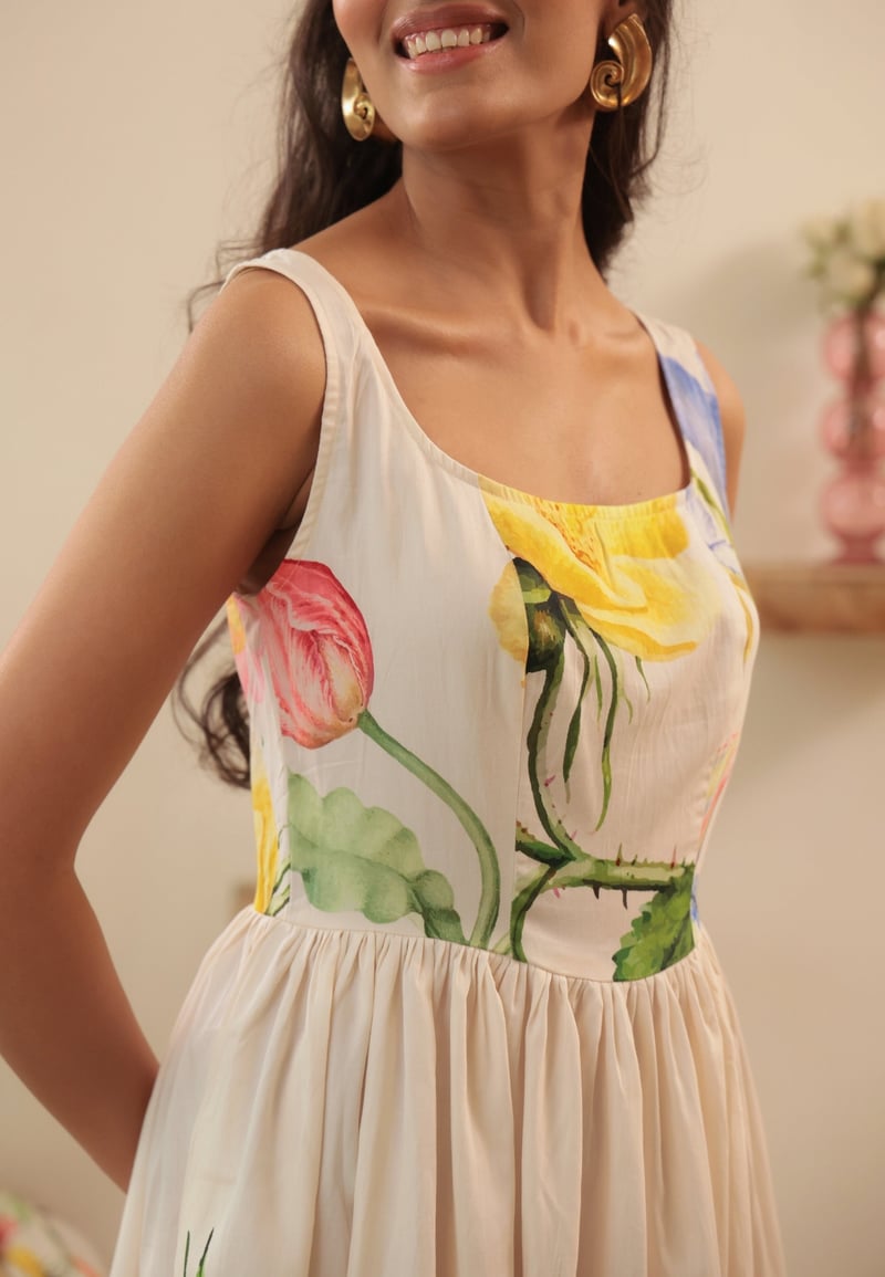 White Floral Square Neck Fit and Flare Midi Dress
