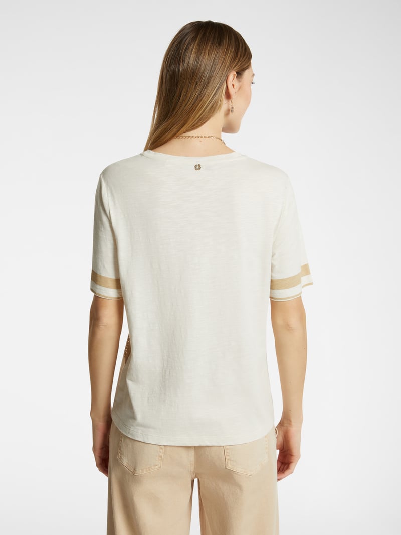 Beige Crew-Neck Striped T-Shirt with Subtle Embellishment