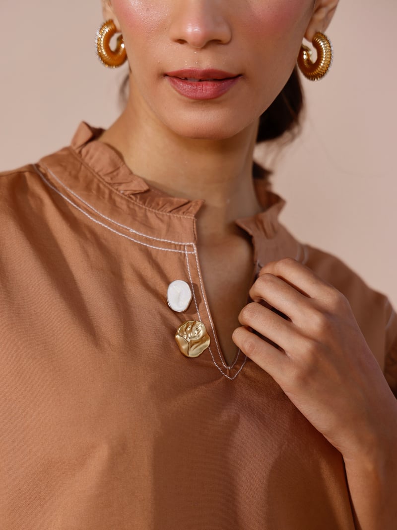 Mocha Cotton Poplin Puff Sleeve Top with Statement Buttons