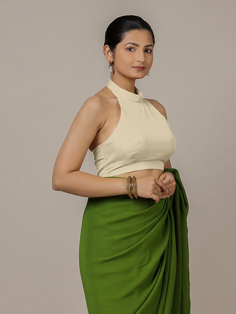 Cream Halter Neck Saree Blouse with Side Zip