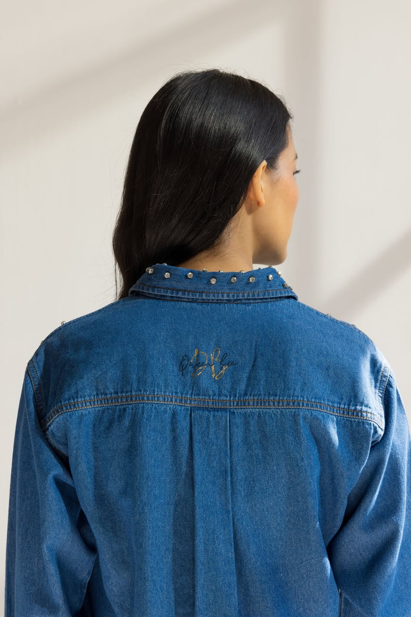 Blue Studded Denim Snap-Button Shirt