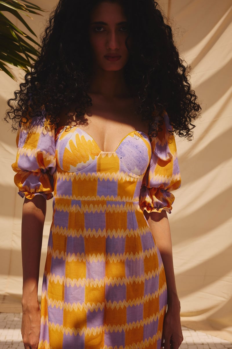 Multicolor Checked Cotton-Linen Fit and Flare Midi Dress