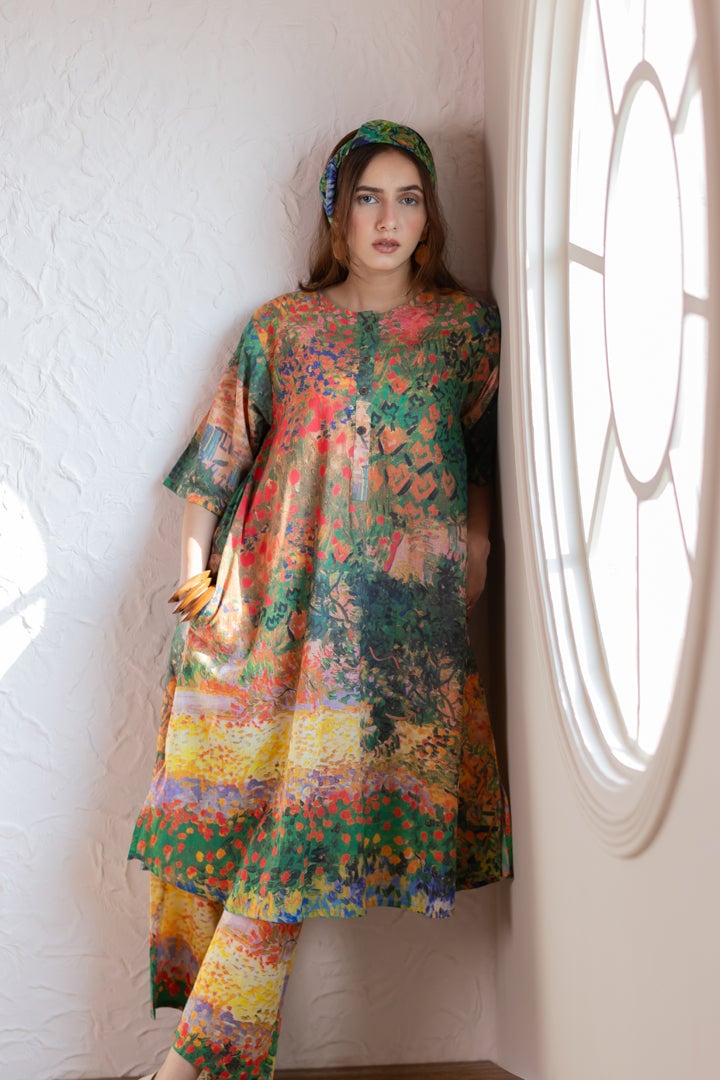 Multicolor Scenic Print Cotton Cambric Kurta Set