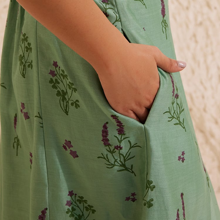 Teal Floral Block Print Chanderi Bustier Midi Dress