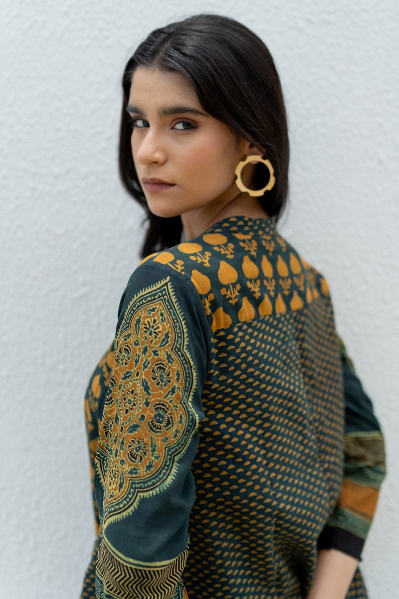 Forest Green A-Line Cotton Block Print Kurta
