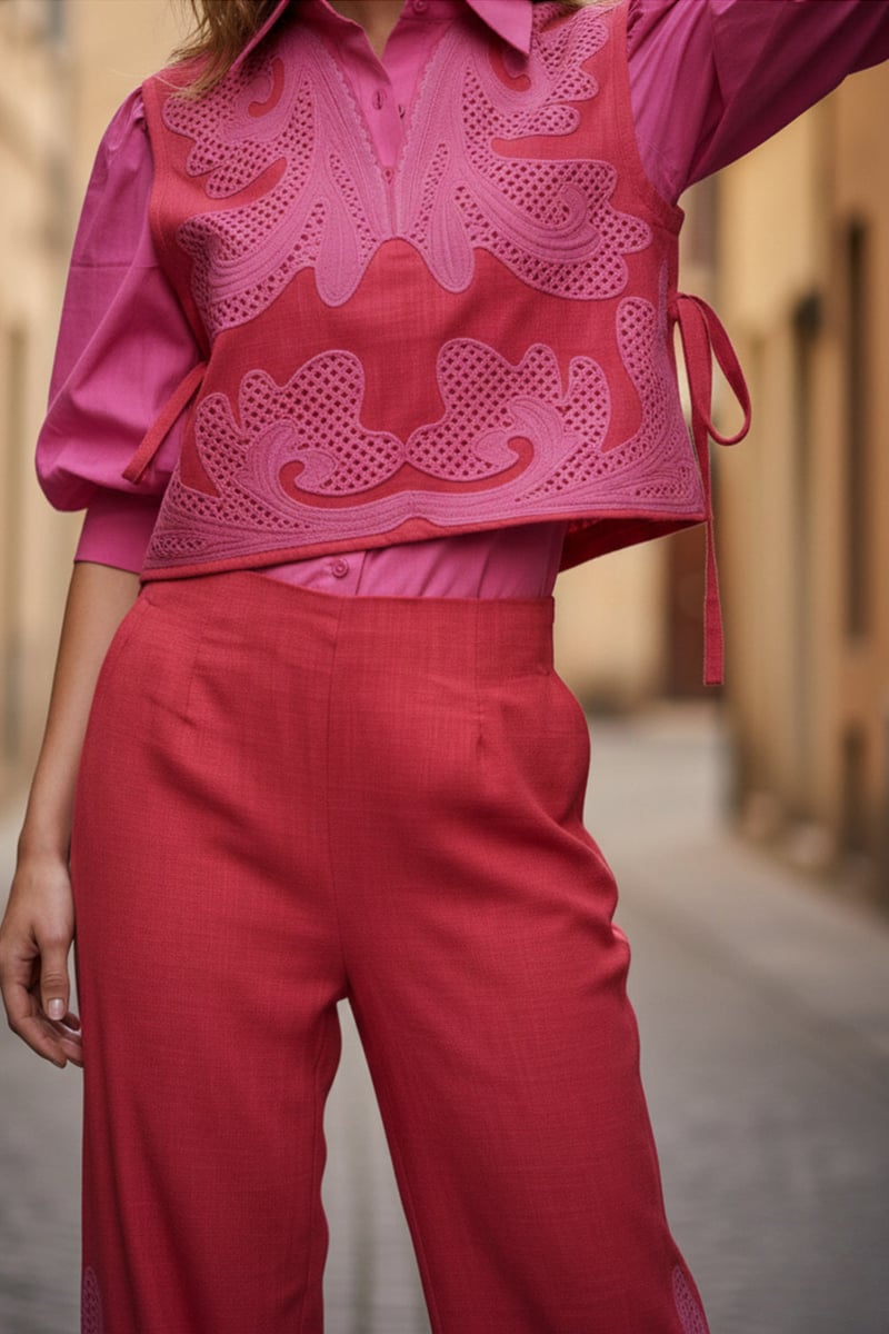 Pink and Red Cutwork Overlay Co-ord Set