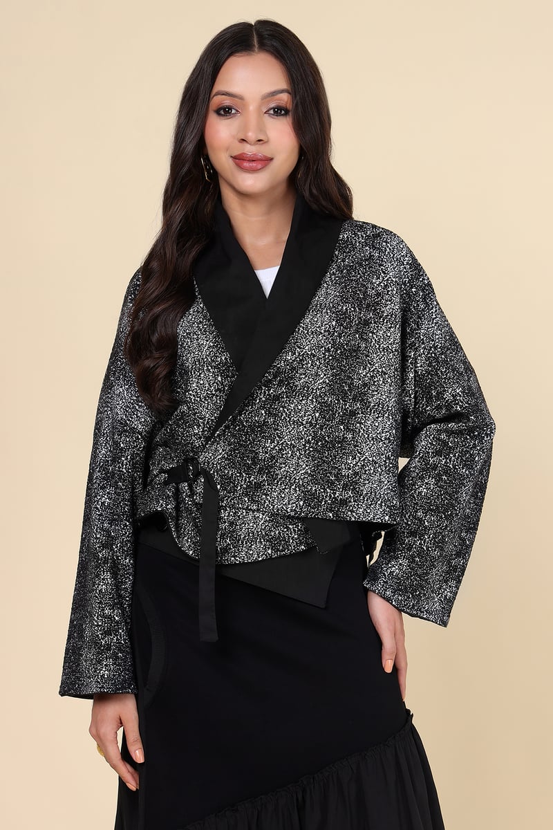 Black/Grey Cropped Wrap Jacket with Lapel Collar