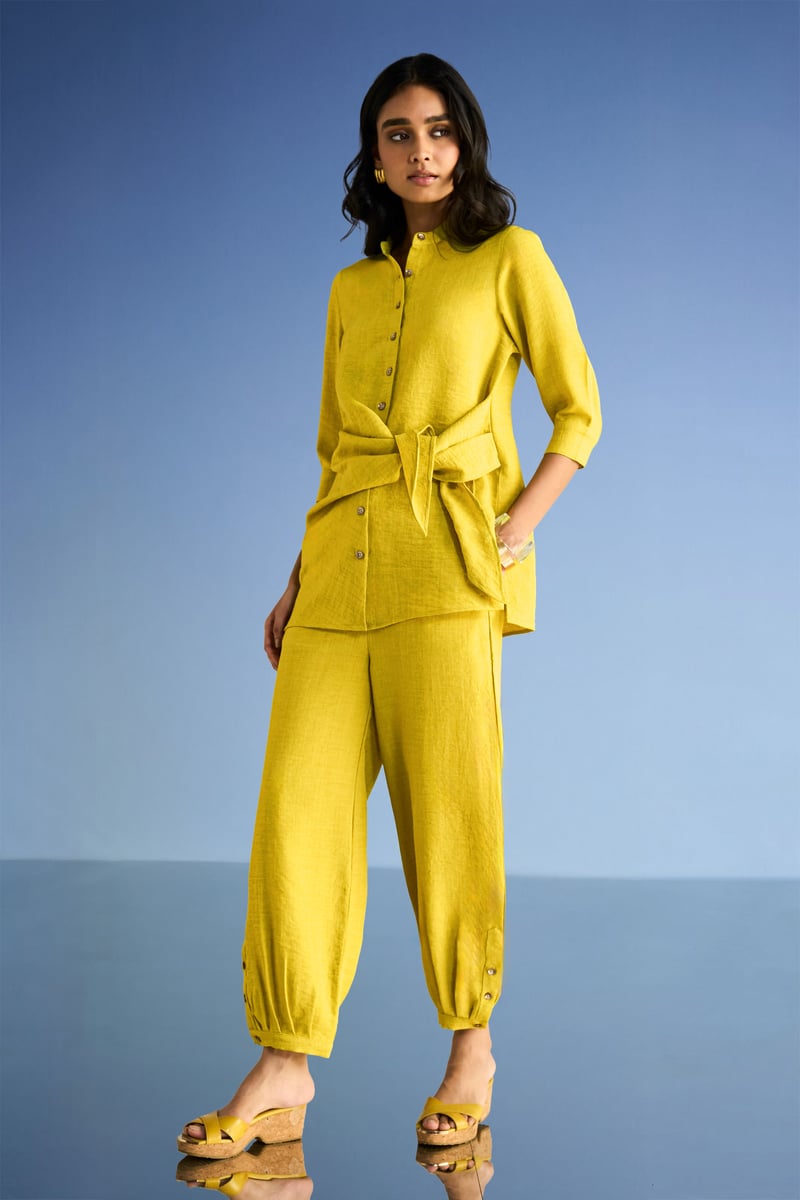 Chartreuse Linen-Blend Side-Tie Button-Down Longline Top