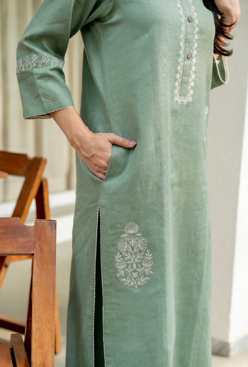 Green Linen Kurta and Pant Set with Embroidery