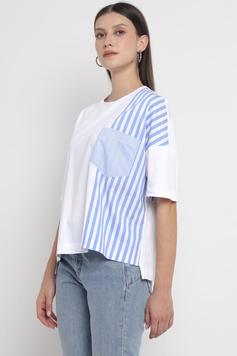 White/Light Blue Colorblock Oversized Stripe Panel Tee