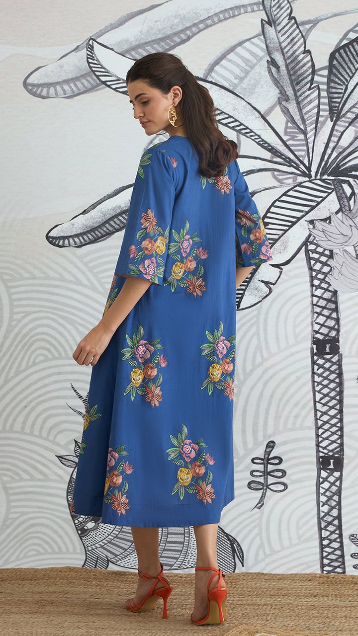 Blue Cotton Floral V-Neck A-Line Midi Dress