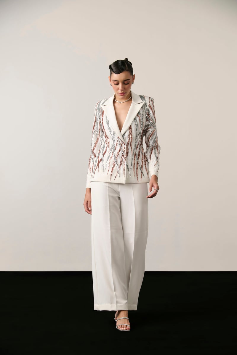 Ivory Sequin Blazer and Wide-Leg Trousers Co-ord Set