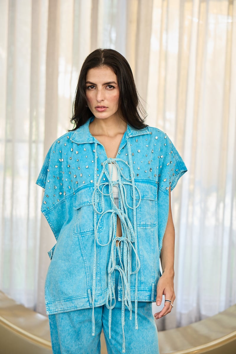 Sky Blue Studded Denim Co-ord Set with Tie-Up Top