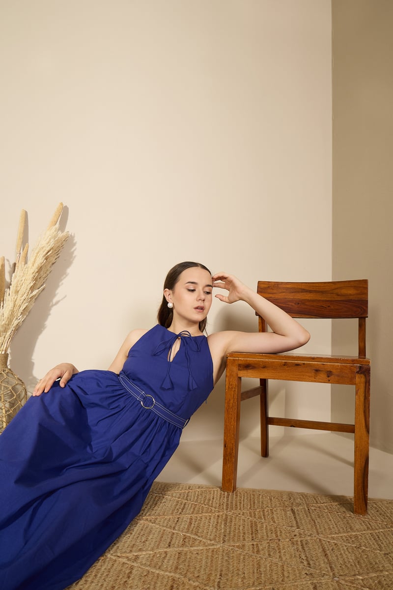 Aqua Blue Cotton Poplin Fit and Flare Midi Dress