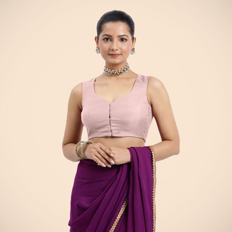 Baby Pink Sleeveless V-Neck Front-Open Saree Blouse