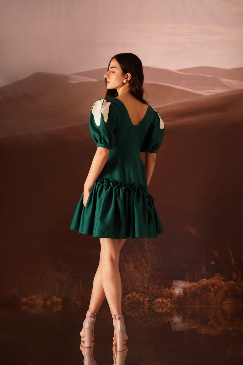 Green Fit and Flare Mini Dress with Puff Sleeves