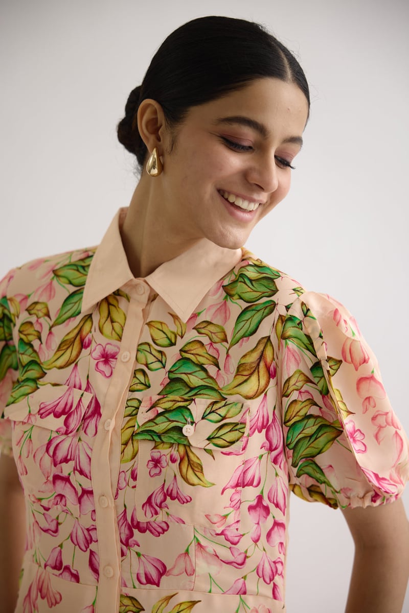 Pink Floral A-Line Midi Shirt Dress with Puff Sleeves